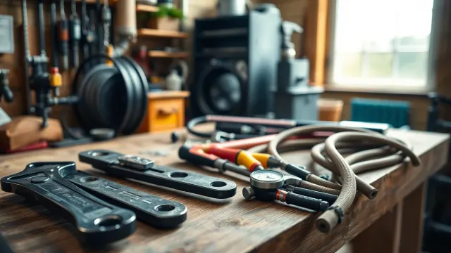 Plumbing tools and drainage equipment in a Devon workshop