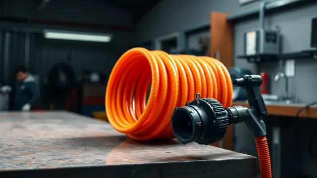 Drain rods and jetting nozzle side by side on a workshop table