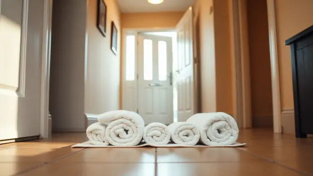 Towels rolled against a door as a flood barrier in a British home hallway