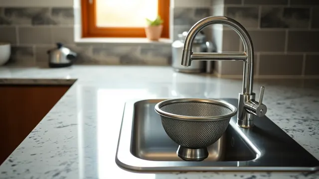 Modern British kitchen sink with a mesh strainer for preventing drain blockages